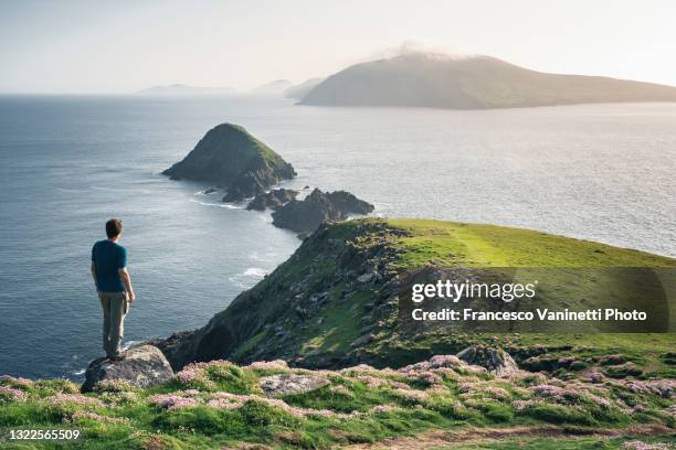 tourist at dunmore head, ring of kerry, ireland. - irishman stock-fotos und bilder