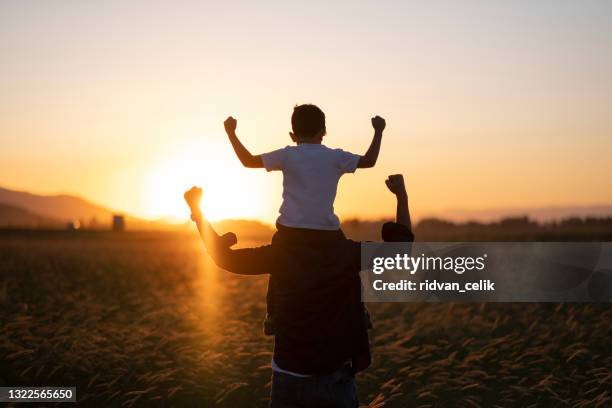 papá e hijo al aire libre - together fotografías e imágenes de stock