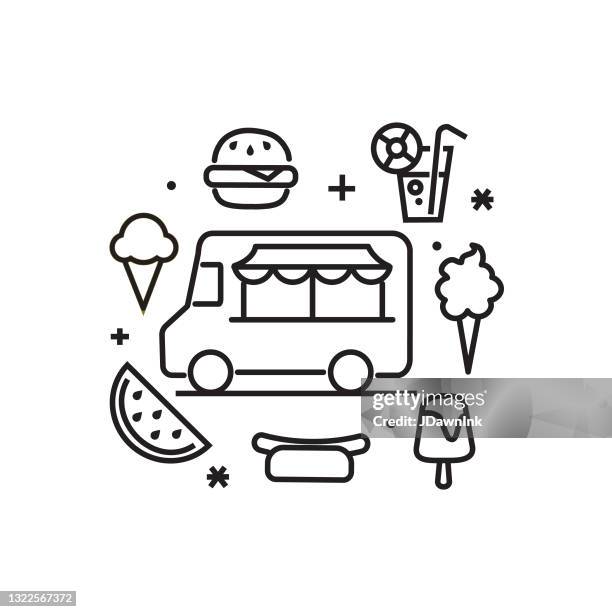 illustrazioni stock, clip art, cartoni animati e icone di tendenza di black summer food truck festival elementi linea sottile set di icone - corsa modificabile - furgone ambulante