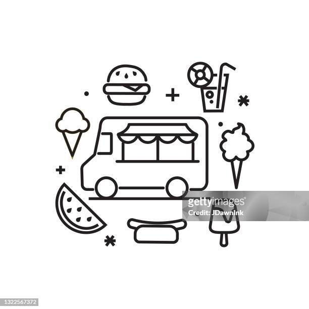 stockillustraties, clipart, cartoons en iconen met black summer food truck festival elementen dunne lijn icon set - bewerkbare slag - foodtruck
