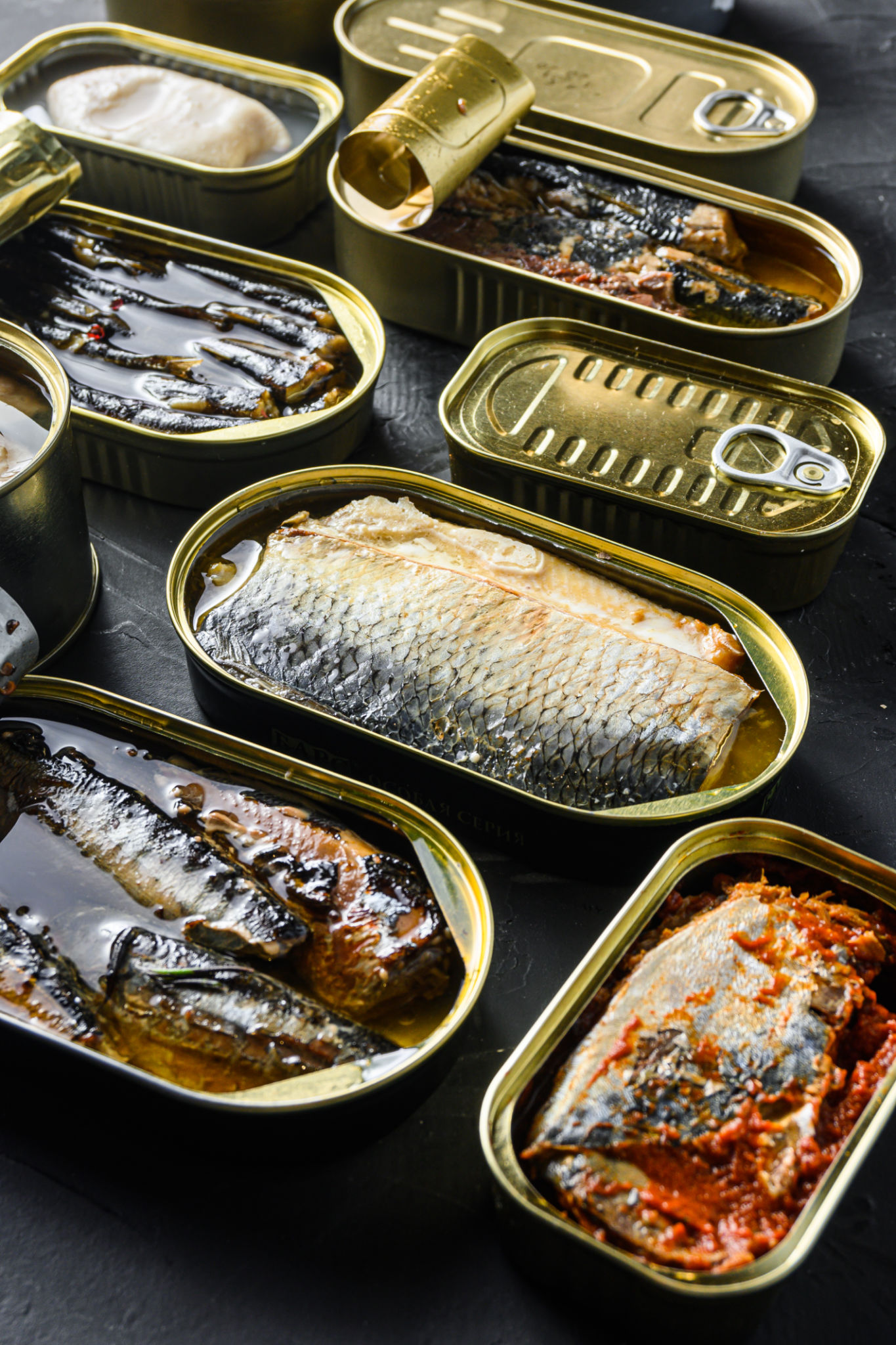Salteado, caballa, espadín, sardinas, sardinas, sardinas, calamares, atún, conservas de pescado en latas. Abierto y cerrado sobre la vista lateral de fondo de pizarra negra Salteado, caballa, espadín, sardinas, sardinas, sardinas, calamares, atún, conservas de pescado en latas. Abierto y cerrado sobre la vista lateral de fondo de pizarra negra