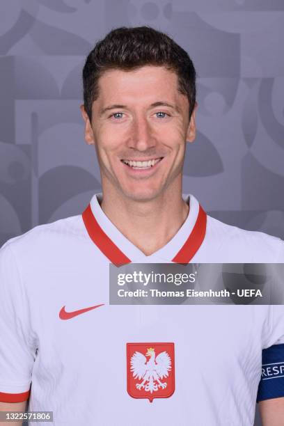 Robert Lewandowski of Poland poses during the official UEFA Euro 2020 media access day on June 06, 2021 in Buk, Poland.