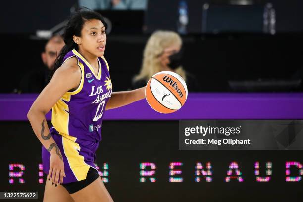 Arella Guirantes of the Los Angeles Sparks handles the ball during the game against the Indiana Fever at Los Angeles Convention Center on June 03,...