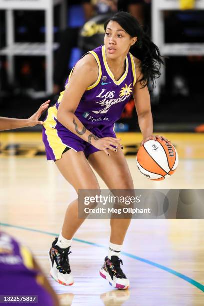 Arella Guirantes of the Los Angeles Sparks handles the ball during the game against the Indiana Fever at Los Angeles Convention Center on June 03,...