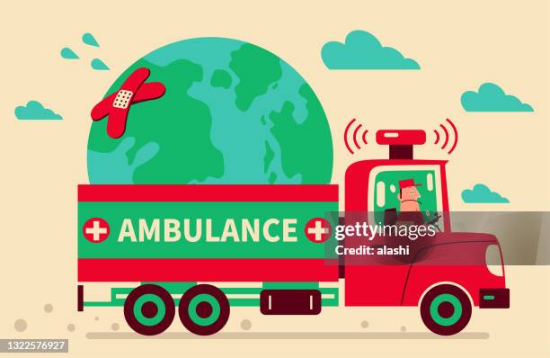 ambulance with the earth, protecting the planet, earth day - climate change health stock illustrations