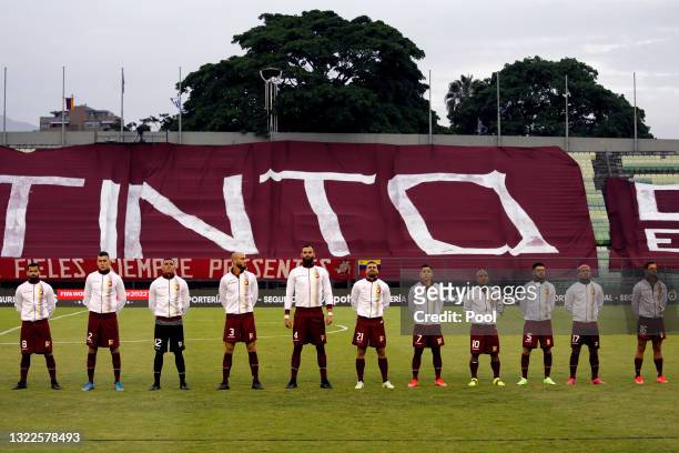 Players of Venezuela line up prior to a match between Venezuela and Uruguay as part of South American Qualifiers for Qatar 2022 at Estadio Olímpico...