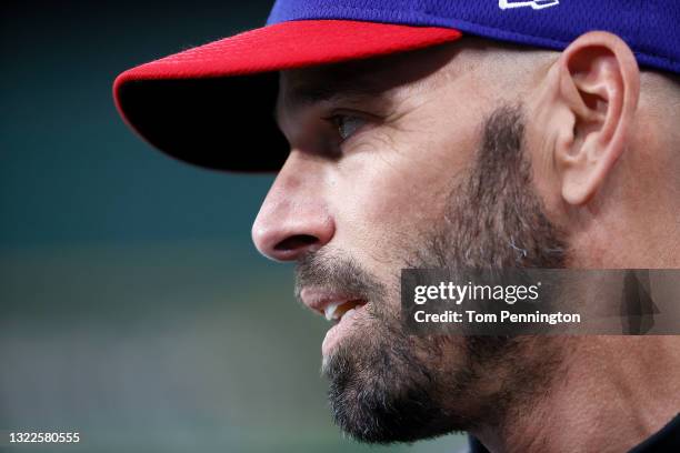 Manager Chris Woodward of the Texas Rangers talks with the media during batting practice before taking on the San Francisco Giants at Globe Life...