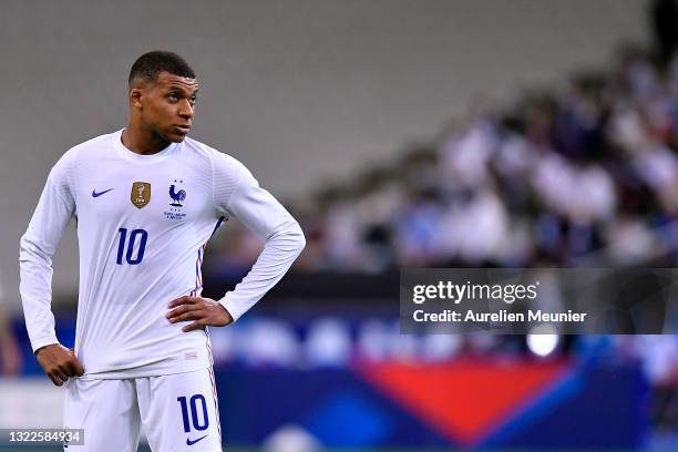 Kylian Mbappe of France looks on during the international friendly match between France and Bulgaria at Stade de France on June 08, 2021 in Paris,...