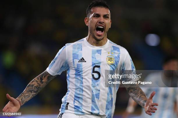 Leandro Paredes of Argentina celebrates after scoring the second goal of his team during a match between Colombia and Argentina as part of South...