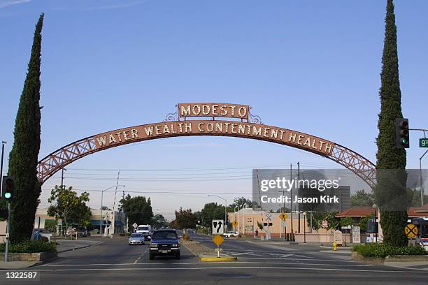 View of the archway leading into the city of Modesto July 5, 2001 in Modesto, CA. Chandra Ann Levy, the daughter of Robert and Susan Levy, just...