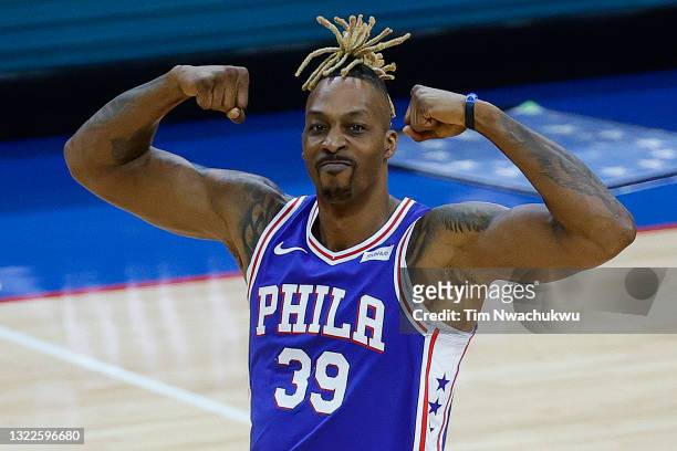 Dwight Howard of the Philadelphia 76ers celebrates during the fourth quarter against the Atlanta Hawks during Game Two of the Eastern Conference...