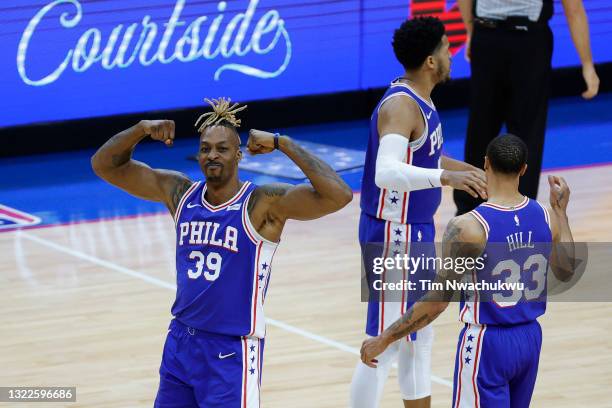 Dwight Howard of the Philadelphia 76ers celebrates during the fourth quarter against the Atlanta Hawks during Game Two of the Eastern Conference...