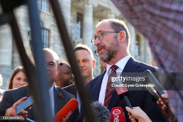 June 9: Health Minister Andrew Little talks to reporters after being shouted down by striking healthcare workers during a protest rally at Parliament...