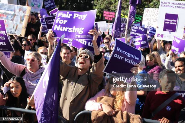 June 9: Healthcare workers shout protest slogans as they rally at Parliament in Wellington, New Zealand on June 09, 2021. About 30,000 members of the...