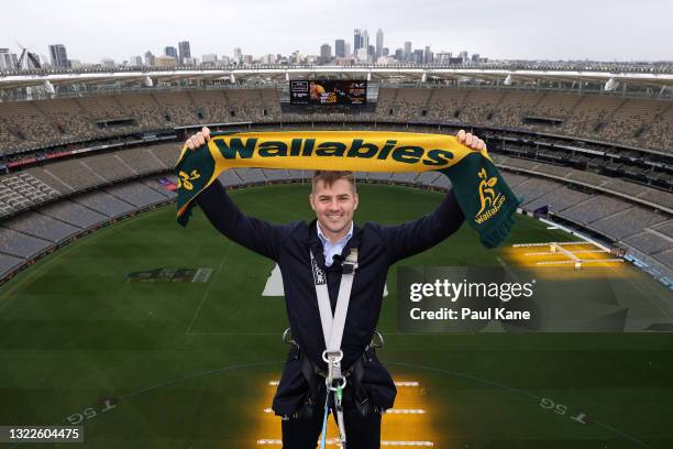 Drew Mitchell poses on the rooftop of Optus Stadium during a media opportunity announcing the on-sale of Wallabies tickets for their August Bledisloe...