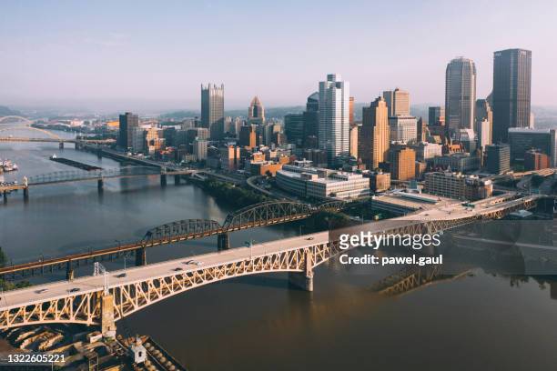freedom bridge in pittsburgh city pennsylvania downtown aerial view - pittsburgh aerial stock pictures, royalty-free photos & images