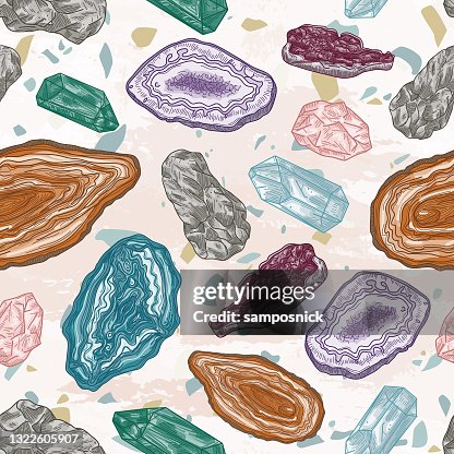 Geodes And Gems And Rocks Seamless Pattern On A Terrazzo Background ...