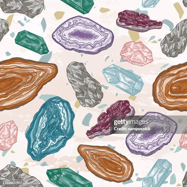 geodes and gems and rocks seamless pattern on a terrazzo background - geode stock illustrations