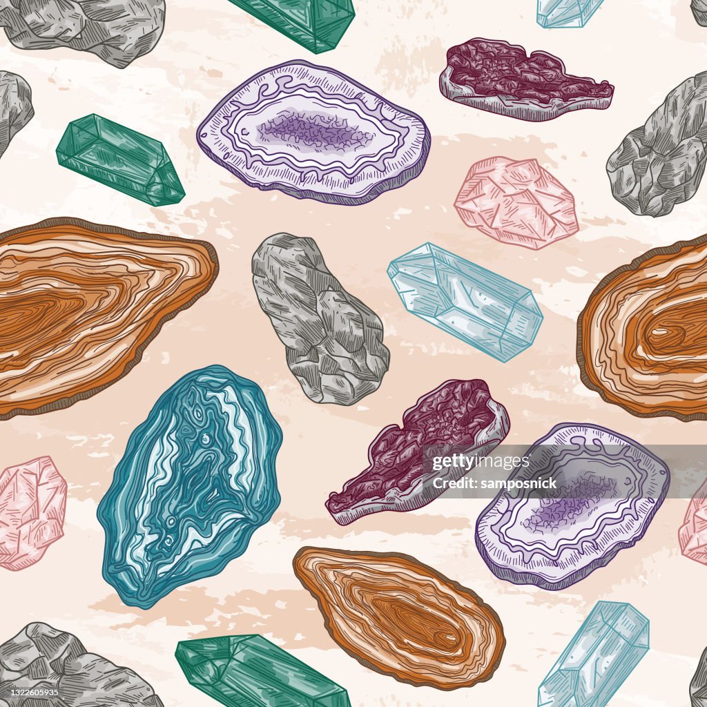 水彩背景上の測地と宝石と岩のシームレスなパターン