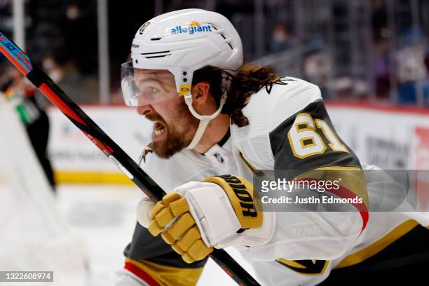 Mark Stone of the Vegas Golden Knights celebrates after scoring against the Colorado Avalanche during overtime in Game Five of the Second Round of...