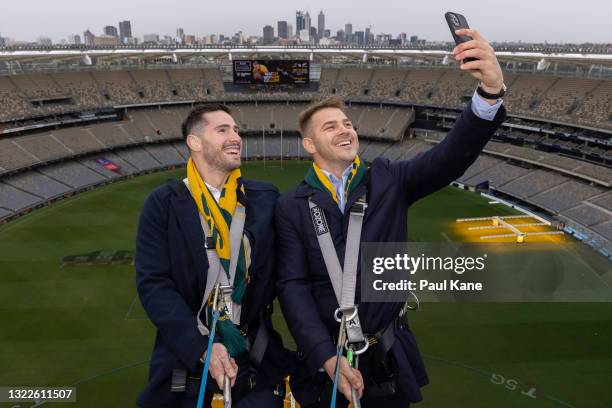 Nathan Charles and Drew Mitchell take a selfie on the rooftop of Optus Stadium during a media opportunity announcing the on-sale of Wallabies tickets...