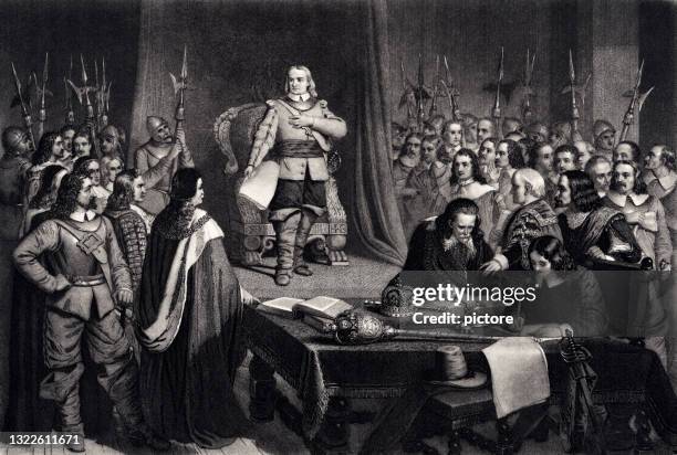 stockillustraties, clipart, cartoons en iconen met 1657: cromwell weigert de kroon... -xxxl met veel details- - oliver cromwell politiek en overheid