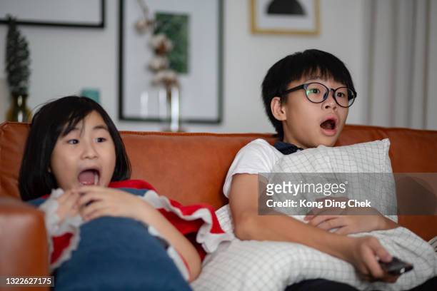 hermanos chinos asiáticos viendo películas de miedo en la televisión juntos en su casa - scary movie fotografías e imágenes de stock