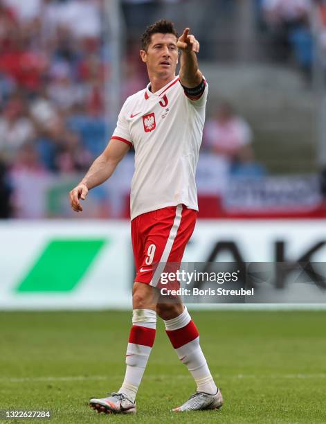 Robert Lewandowski of Poland gestures during the international friendly match between Poland and Iceland at Stadion Poznan on June 08, 2021 in...