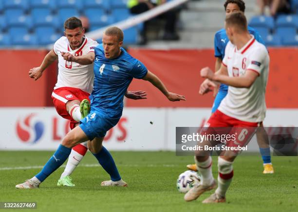 Jakub Swierczok of Poland takes a shot during the international friendly match between Poland and Iceland at Stadion Poznan on June 08, 2021 in...