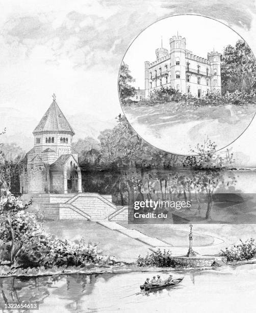 illustrations, cliparts, dessins animés et icônes de château de berg sur le lac starnberg et église commémorative pour le roi ludwig ii - starnberg