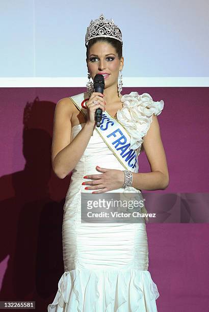 Miss France 2011 Laury Thilleman speaks during the Miss France 2012 gala night at the Hotel Camino Real on November 10, 2011 in Mexico City, Mexico.