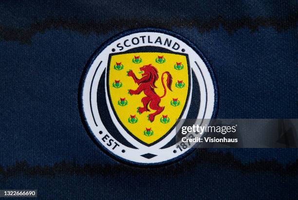 The Scotland badge on their home shirt ahead of UEFA Euro 2020 on June 8, 2021 in Manchester, United Kingdom.