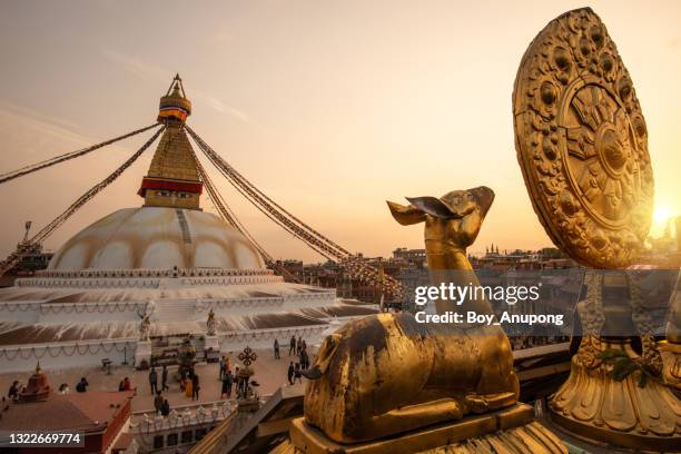 beautiful view of the great boudhanath stupa in kathmandu, nepal at sunset. - kathmandu stockfoto's en -beelden