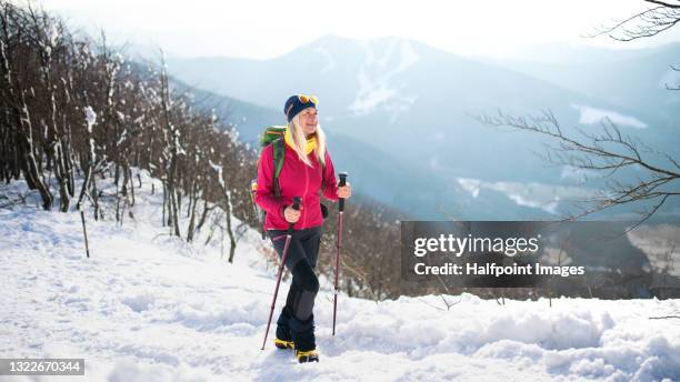 senior woman hiker walking in winter nature. - winter sport walk old stock pictures, royalty-free photos & images