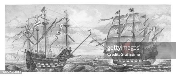 illustrations, cliparts, dessins animés et icônes de le navire de guerre great harry anglais de la reine elizabeth i illustration - galleon