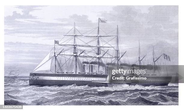 stockillustraties, clipart, cartoons en iconen met ijzeren varend stoomschip great eastern transatlantic - 1860