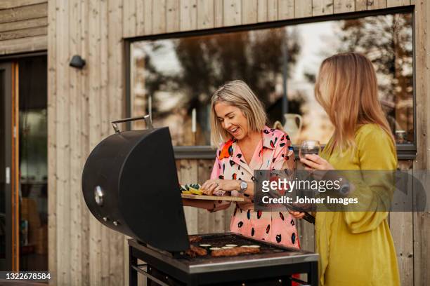 smiling female friends preparing food on barbecue - summer bbq stock pictures, royalty-free photos & images