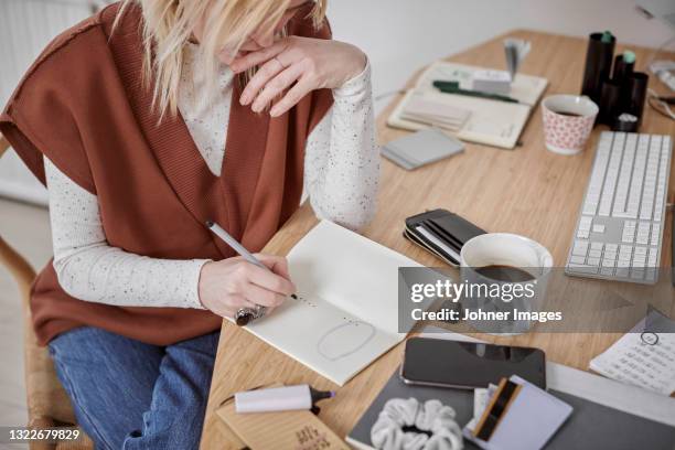 woman planning finances - almanac publication fotografías e imágenes de stock