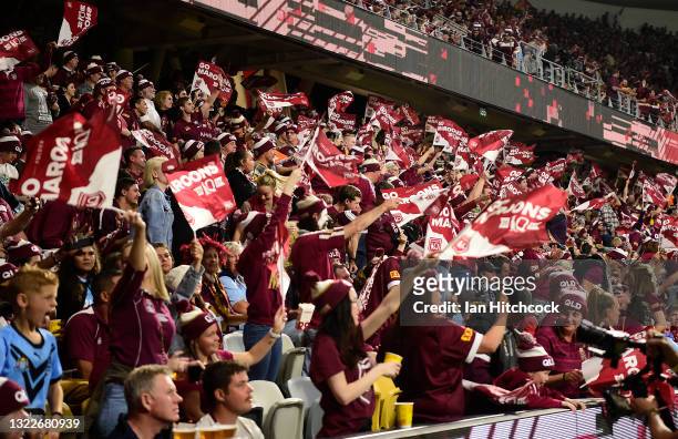 General view of the crowd is seen during game one of the 2021 State of Origin series between the New South Wales Blues and the Queensland Maroons at...