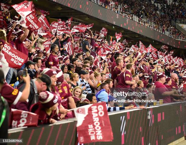 General view of the crowd is seen during game one of the 2021 State of Origin series between the New South Wales Blues and the Queensland Maroons at...