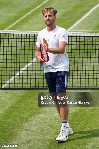 Peter Gojowczyk of Germany celebrates after winning his match against Ilga Ivashka of Belarus during day 3 of the MercedesCup at Tennisclub...