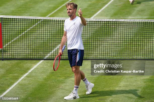 Peter Gojowczyk of Germany celebrates after winning his match against Ilga Ivashka of Belarus during day 3 of the MercedesCup at Tennisclub...