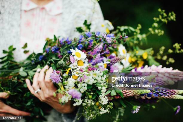 hands holding bouquet of wildflowers - wildblume stock-fotos und bilder