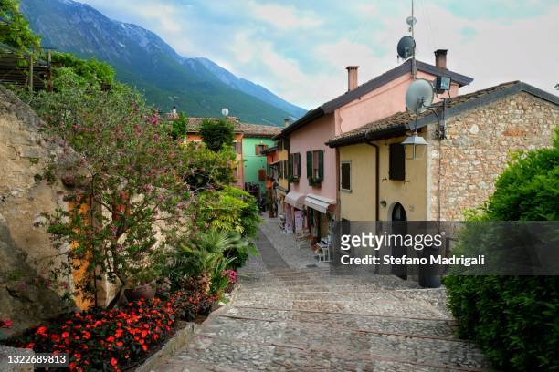 historic village of malcesine with flower beds and house - village foto e immagini stock