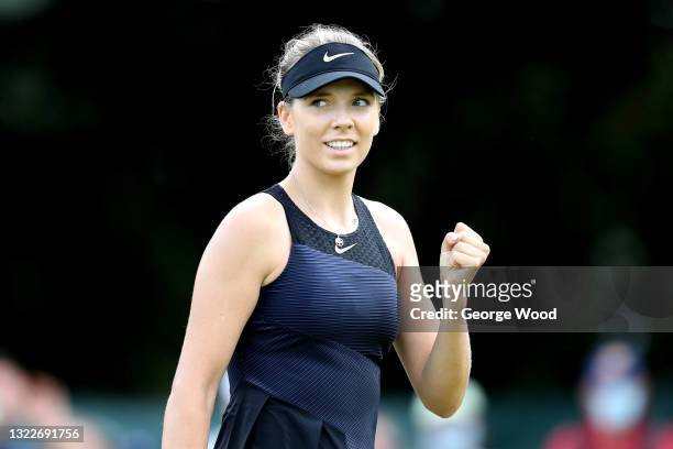 Katie Boulter of Great Britain celebrates after victory against Marie Bouzkova of Czech Republic during Day 5 of the Viking Nottingham Open at...
