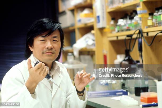 Portrait of Japanese geneticist and neuroscientist Dr Susumu Tonegawa in his laboratory at the Massachusetts Institute of Technology, Cambridge,...
