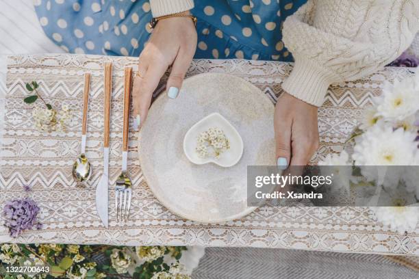 vrouw die lijst voor een picknick verfraait - blue tablecloth stockfoto's en -beelden