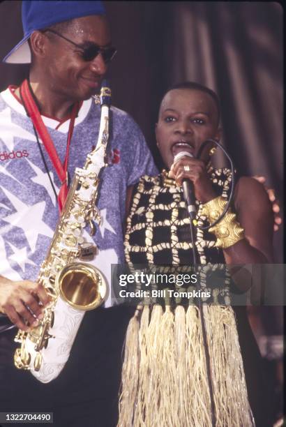 August 12: MANDATORY CREDIT Bill Tompkins/Getty Images Branford Marsalis and Angélique Kidjo performing on August 12th, 1996 in New York City.