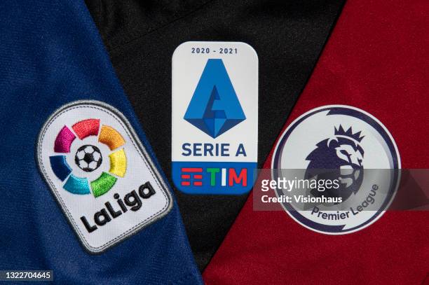 The La Liga, Serie A and Premier League Logos on June 8, 2021 in Manchester, United Kingdom.