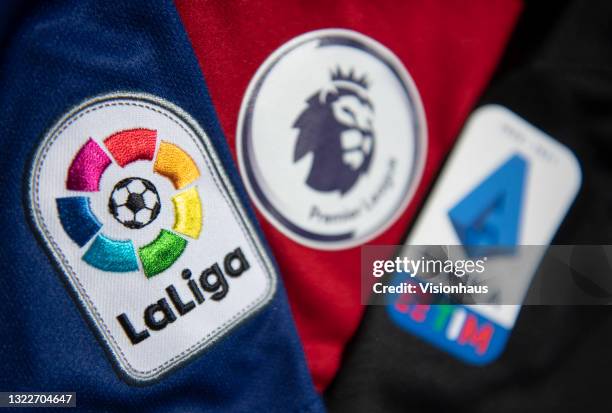 The La Liga, Premier League and Serie A Logos on June 8, 2021 in Manchester, United Kingdom.